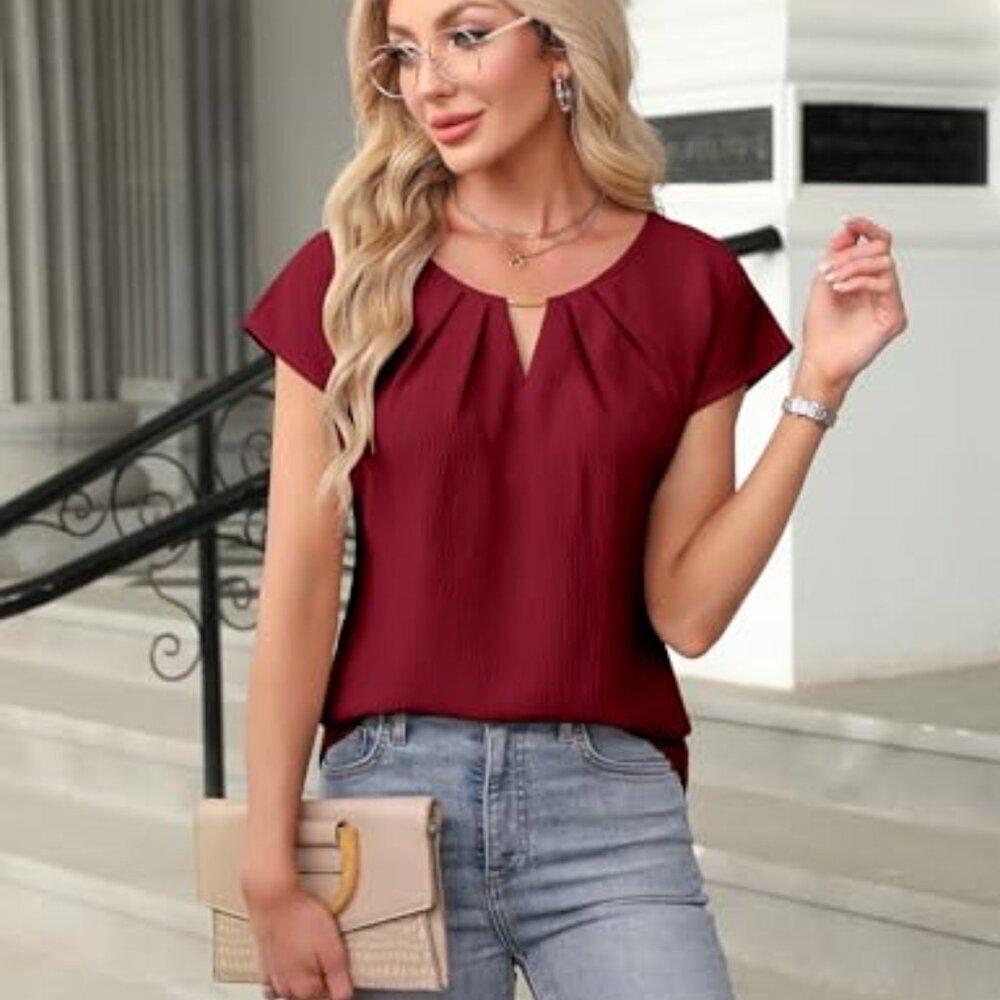 Short Sleeve Pleated Blouse, Lightweight Textured Fabric, Business Casual Top - Picture 4 of 8
